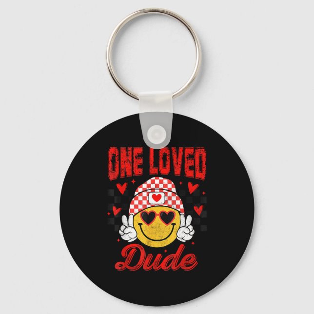 One Loved Dude Checkered Heart Valentines Day Boys Key Ring (Front)