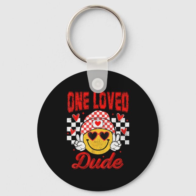 One Loved Dude Checkered Heart Valentines Day Boys Key Ring (Front)