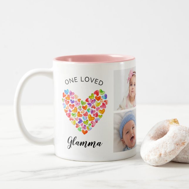 One Loved Glamma Four Photo Collage  Two-Tone Coffee Mug (With Donut)