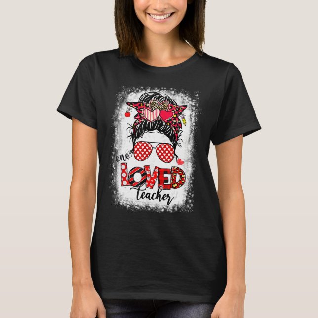 One Loved Teacher Leopard Messy Bun Valentine's Da T-Shirt (Front)