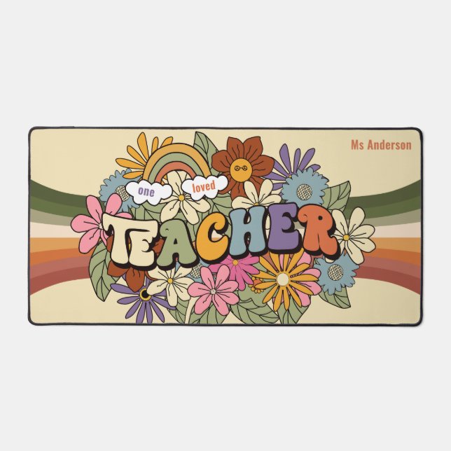 One Loved Teacher Retro Groovy Floral Personalised Desk Mat (Front)