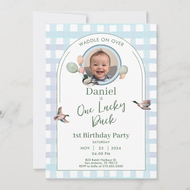 One Lucky Duck 1st Birthday Photo Invitation (Front)