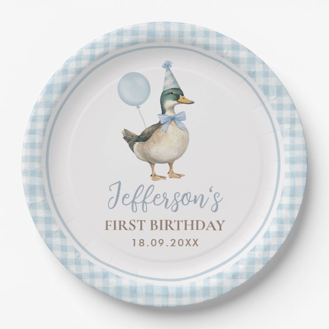 One Lucky Duck Baby Blue Balloon 1st Birthday Paper Plate (Front)