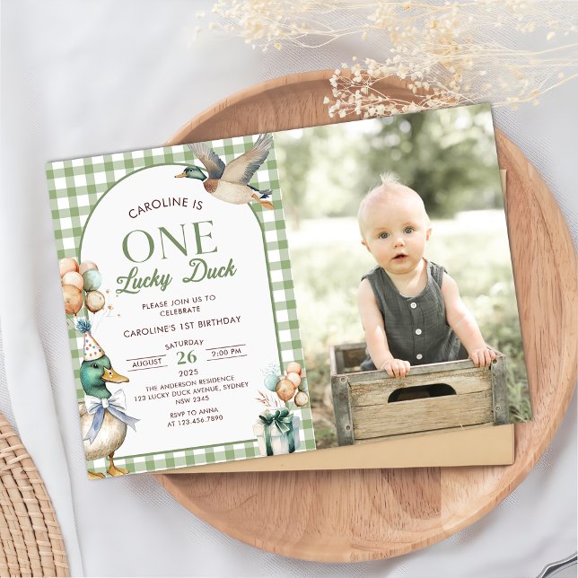 One Lucky Duck Balloon 1st Birthday Photo Invitation (Creator Uploaded)