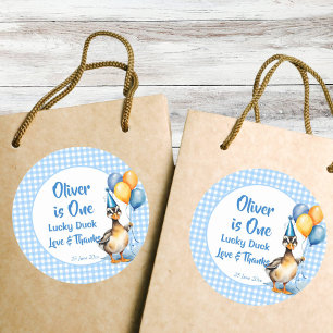 One lucky duck blue gingham birthday favour classic round sticker
