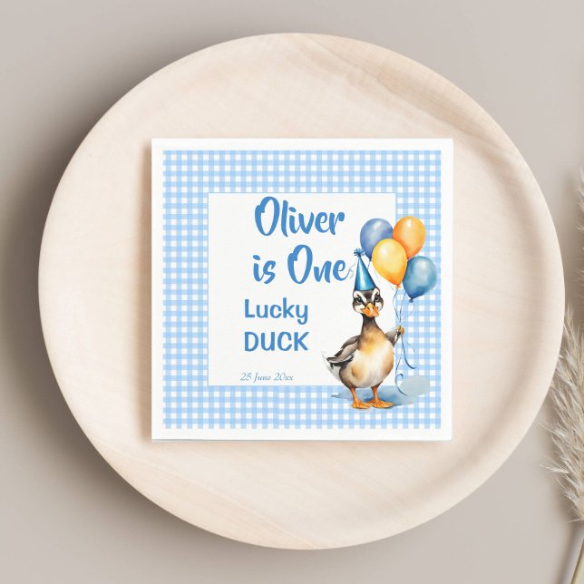 One lucky duck blue gingham birthday printed napkin (One lucky duck blue gingham birthday party printed napkins template cute mallard duck balloons)