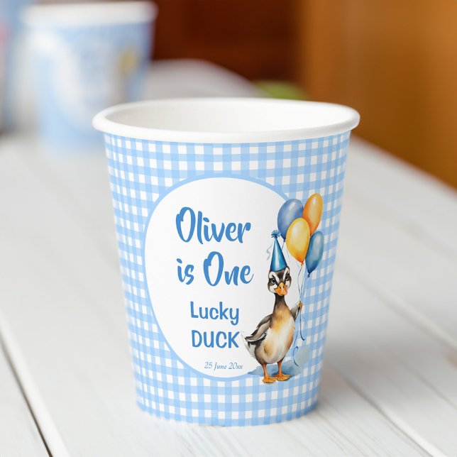 One lucky duck blue gingham birthday printed paper cups (One lucky duck blue gingham birthday party printed paper cups cute mallard duck personalized cups)