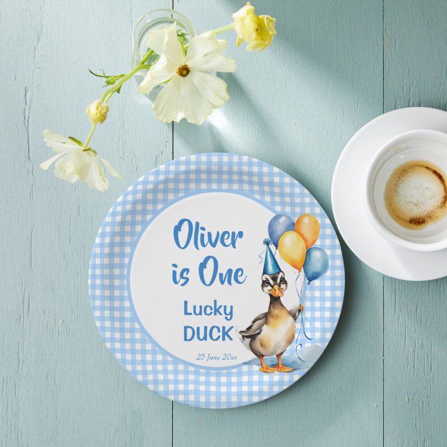 One lucky duck blue gingham birthday printed paper plate (One lucky duck blue gingham birthday party printed paper plates personalized tableware mallard duck)