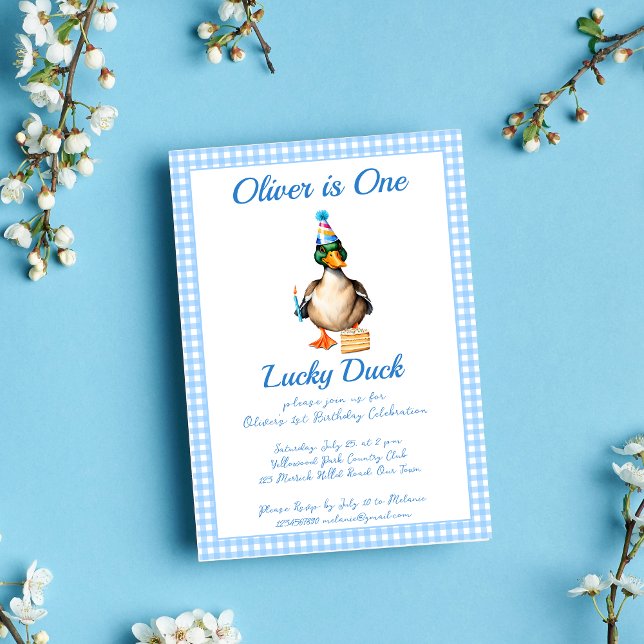 One lucky duck blue gingham birthday template (One lucky duck blue gingham  birthday party template invitation digital download cute mallard duck)