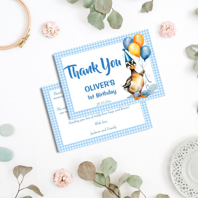 One lucky duck blue gingham birthday thank you card (One lucky duck blue gingham birthday party thank you cards cute mallard duck boys 1st birthday)