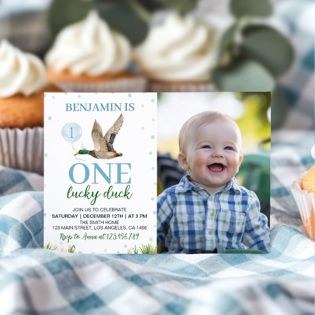 One Lucky Duck Boy 1st Birthday Photo Invitation (Creator Uploaded)