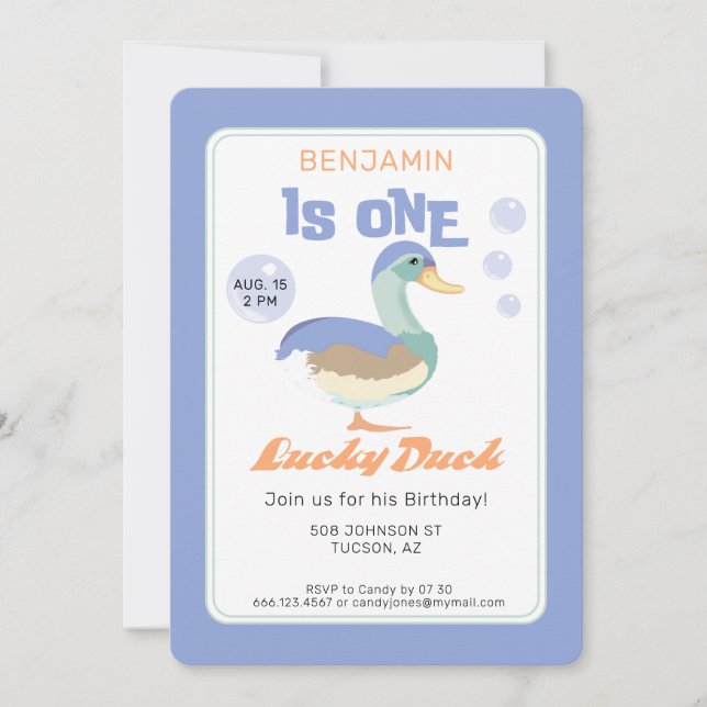 One Lucky Duck &  Bubbles First Birthday Pastel  Invitation (Front)
