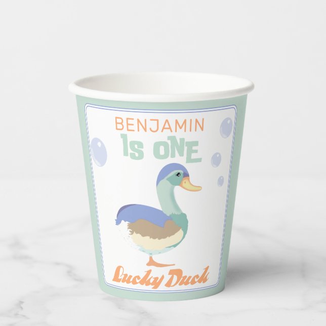 One Lucky Duck &  Bubbles First Birthday Pastel  Paper Cups (Front)