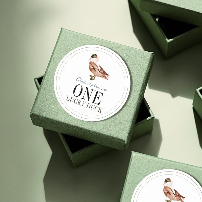 One Lucky Duck Classic Boy 1st Birthday Classic Round Sticker (One Lucky Duck 1st Birthday Sticker)