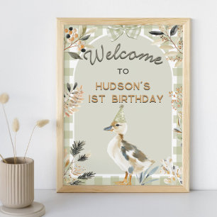 One Lucky Duck Cute Duckling Gingham 1st Birthday Poster
