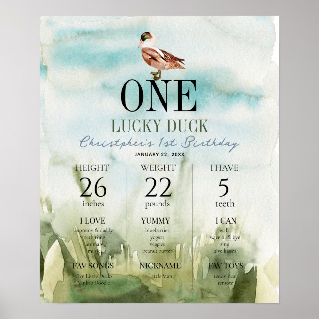 One Lucky Duck Field 1st Birthday Milestone Poster (Front)