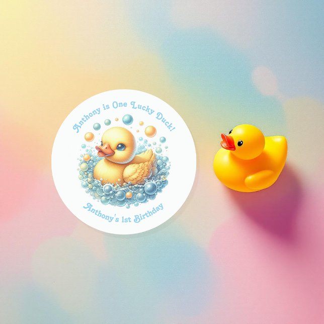 One Lucky Duck First Birthday Party Classic Round Sticker (One Lucky Duck First Birthday Party Classic Round Sticker)