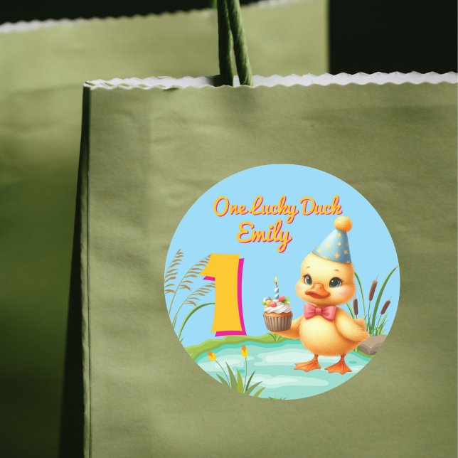 One Lucky Duck Girl 1st Birthday Party  Classic Round Sticker (Creator Uploaded)