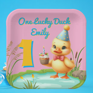 One Lucky Duck Girl 1st Birthday Party Paper Plate