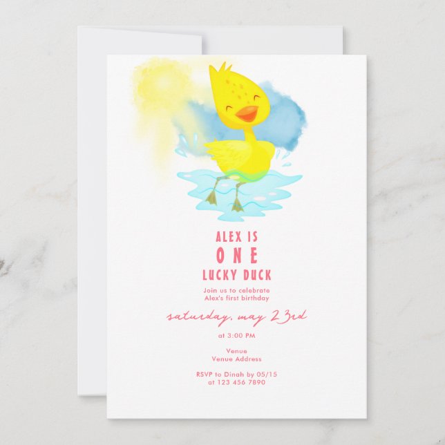 ONE Lucky Duck Girl 1st Birthday Party Watercolor Invitation (Front)