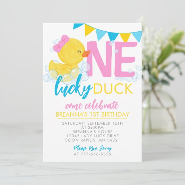 One Lucky Duck Girl Rubber Duck 1st Birthday Invitation (Standing Front)