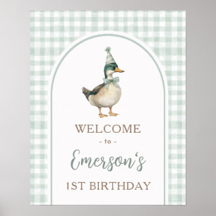 One Lucky Duck Green Gingham 1st Birthday Welcome Poster