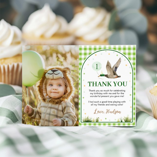 One Lucky Duck Green Gingham Birthday Photo Thank You Card (Creator Uploaded)