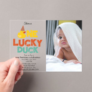 One Lucky Duck Invite 1st First Birthday Photo Acrylic Invitations