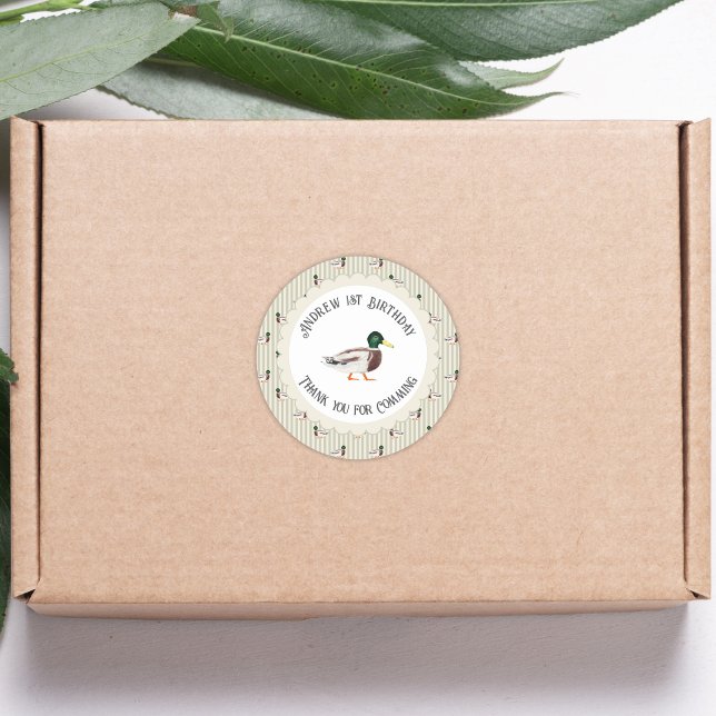 One Lucky Duck Mallard 1st Birthday Favour Classic Round Sticker (Creator Uploaded)