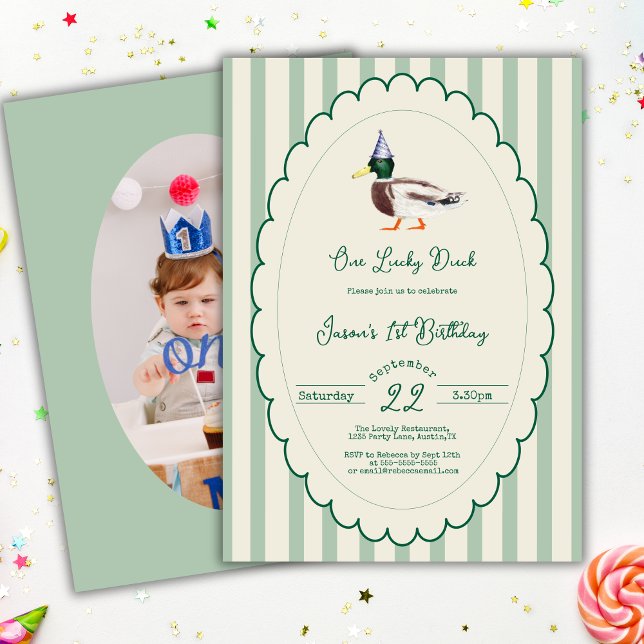 One lucky Duck Mallard Green Preppy Stripe Photo Invitation (Creator Uploaded)