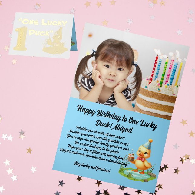 One Lucky Duck Photo Girly 1st Birthday Foil Greeting Card (Creator Uploaded)