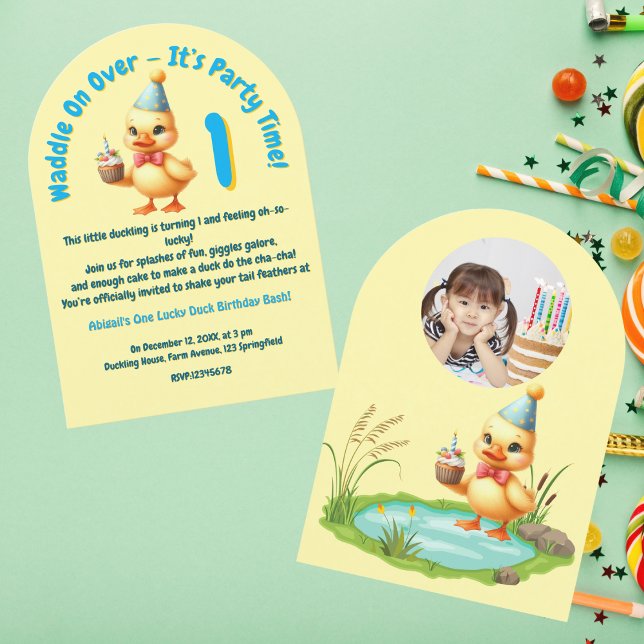 One Lucky Duck Photo Girly Kids Birthday  Invitation (Creator Uploaded)