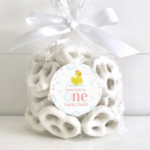 One Lucky Duck Pink First Birthday Party Classic Round Sticker