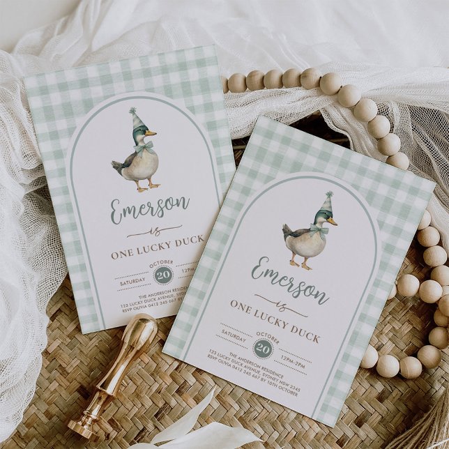 One Lucky Duck Sage Green Gingham 1st Birthday Invitation (Creator Uploaded)