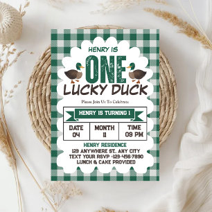 One Lucky Duck Watercolor Boy 1st Birthday Party Invitation