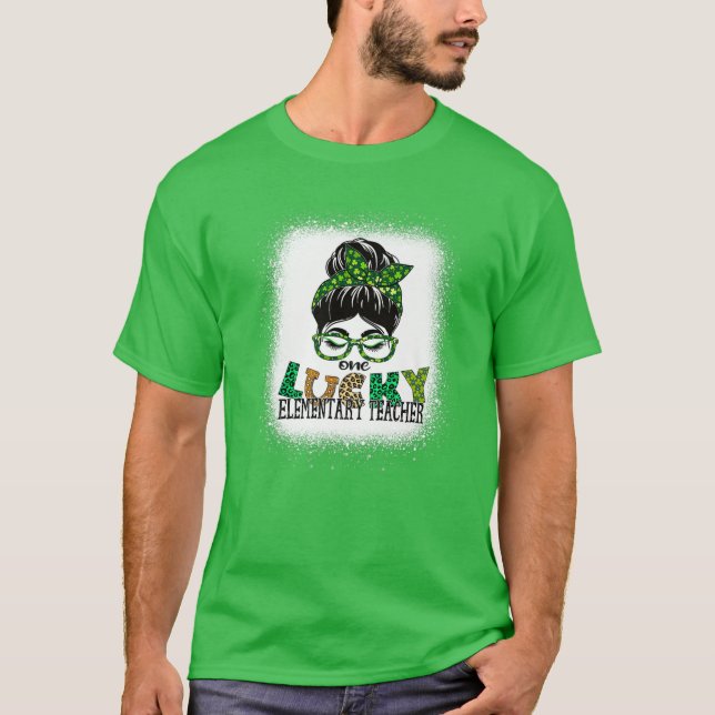 One Lucky Elementary Teacher Bleached St Patricks T-Shirt (Front)