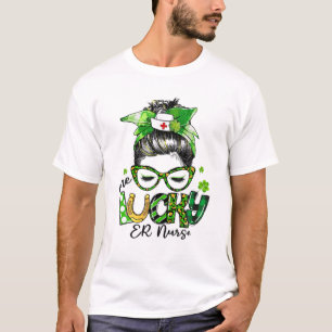 One Lucky ER Nurse Messy Bun Shamrocks St Patrick' T-Shirt
