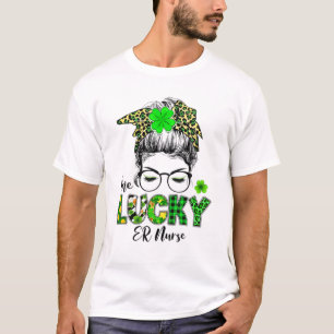 One Lucky ER Nurse Messy Bun Shamrocks St Patrick' T-Shirt