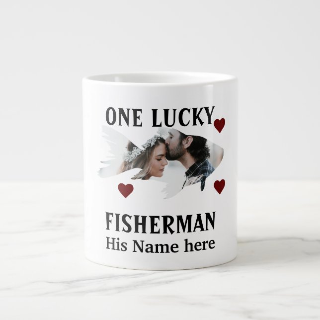 One lucky fisherman matching couple fish photo large coffee mug (Front)