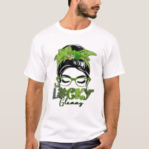 One Lucky Glammy Grandma Messy Bun Shamrock St Pat T-Shirt
