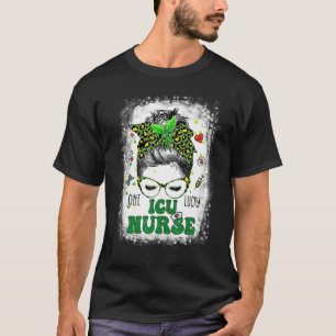 One Lucky Icu Nurse Messy Bun Shamrock St Patrick' T-Shirt