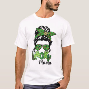 One Lucky Mama Messy Bun Leopard St Patrick's Day T-Shirt