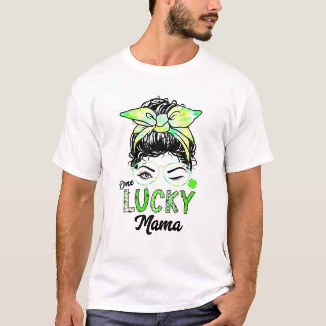 One Lucky Mama St Patricks Day Messy Bun Hair Tie T-Shirt (Front)