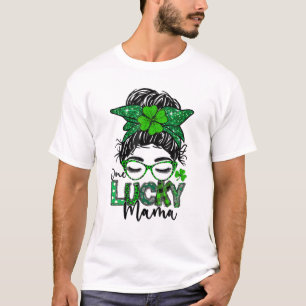 One Lucky Mama St. Patrick's Day Messy Bun Leopard T-Shirt