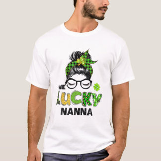One Lucky Nanna Messy Bun Leopard St Patrick's Day T-Shirt