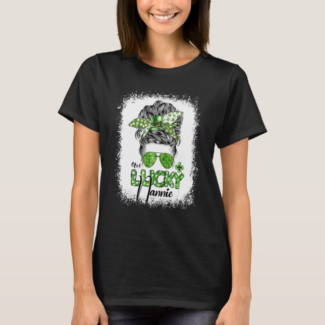 One Lucky Nannie Messy Bun St Patricks Day Shamroc T-Shirt (Front)