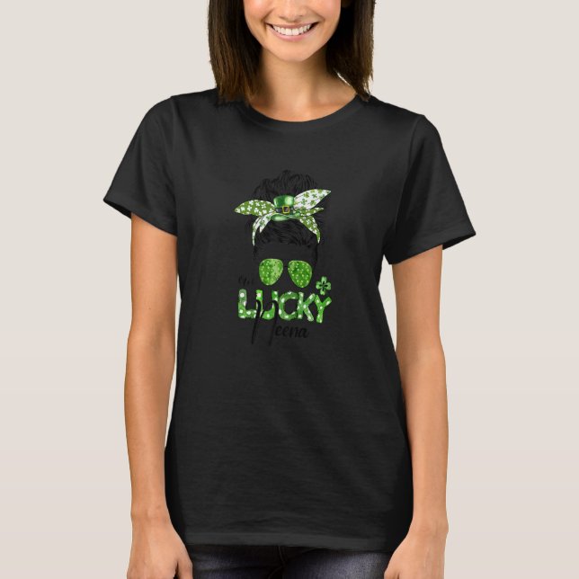 One Lucky Neena Messy Bun St Patricks Day Shamrock T-Shirt (Front)