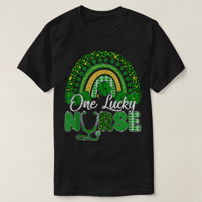 One Lucky Nurse Leopard Rainbow Stethoscope St Pat T-Shirt (Design Front)