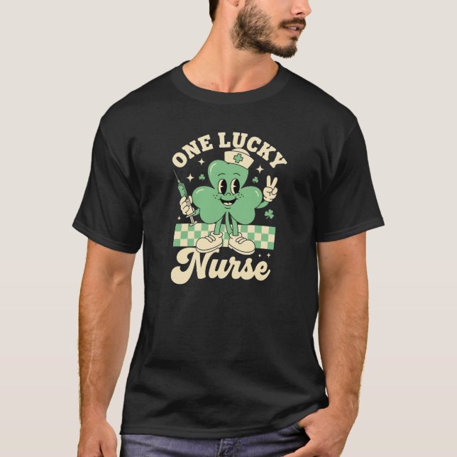 One Lucky Nurse Retro Shamrock Mascot Art T-Shirt (Front)