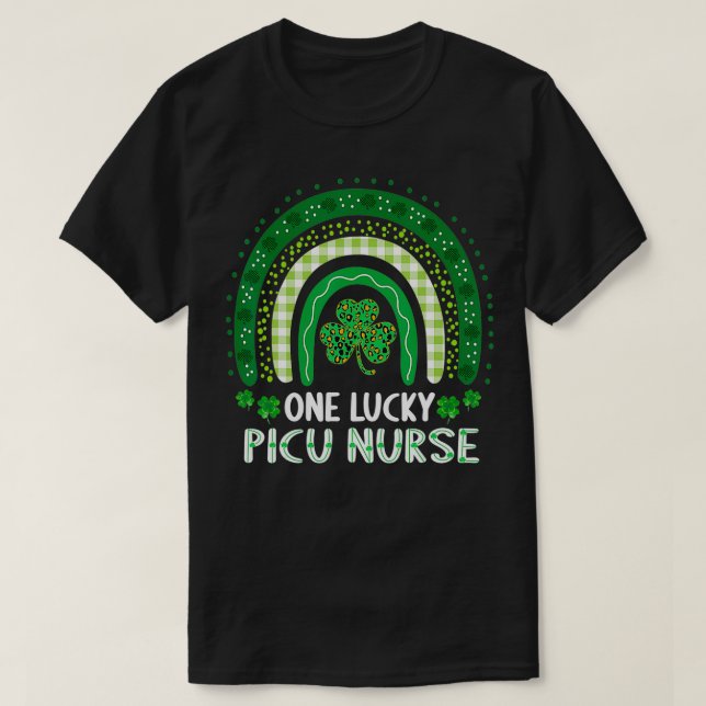 One Lucky PICU Nurse Women Shamrock Rainbow St Pat T-Shirt (Design Front)